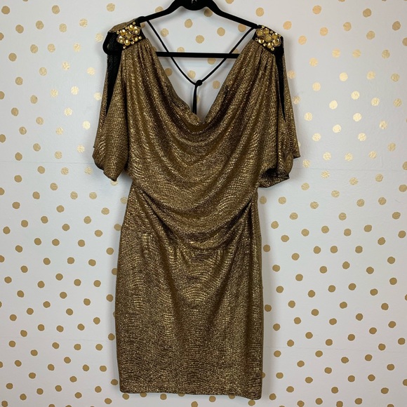 Betsy & Adam Dresses & Skirts - Betsy & Adam Cold Shoulder Embellished Gold Dress
